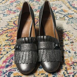 Franco Sarto Metallic heeled fringe loafers